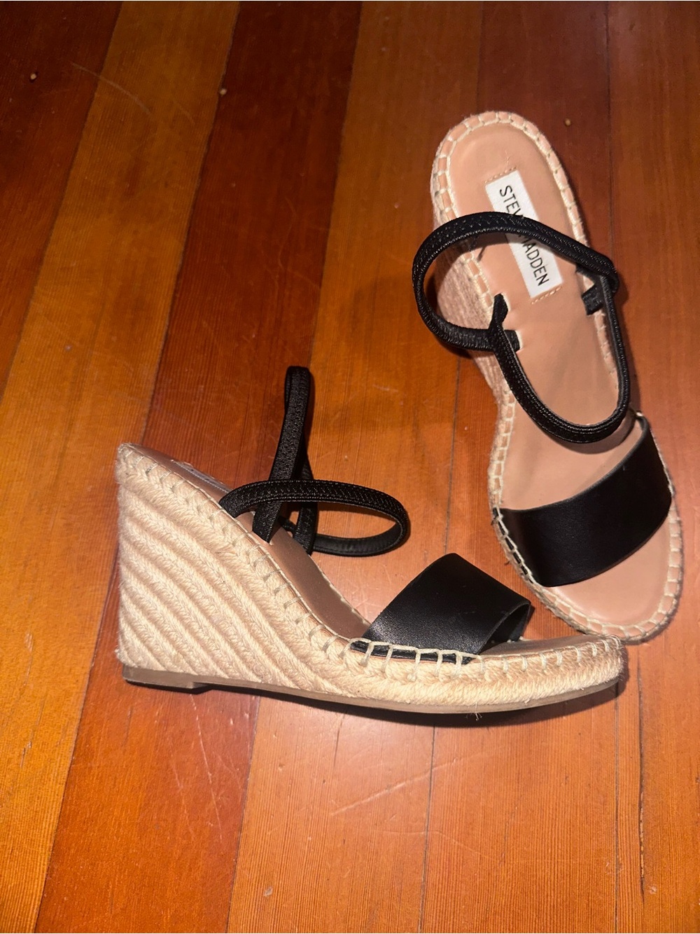 Steve Madden Black Espadrille Wedge Sandals with Braided Jute Platform